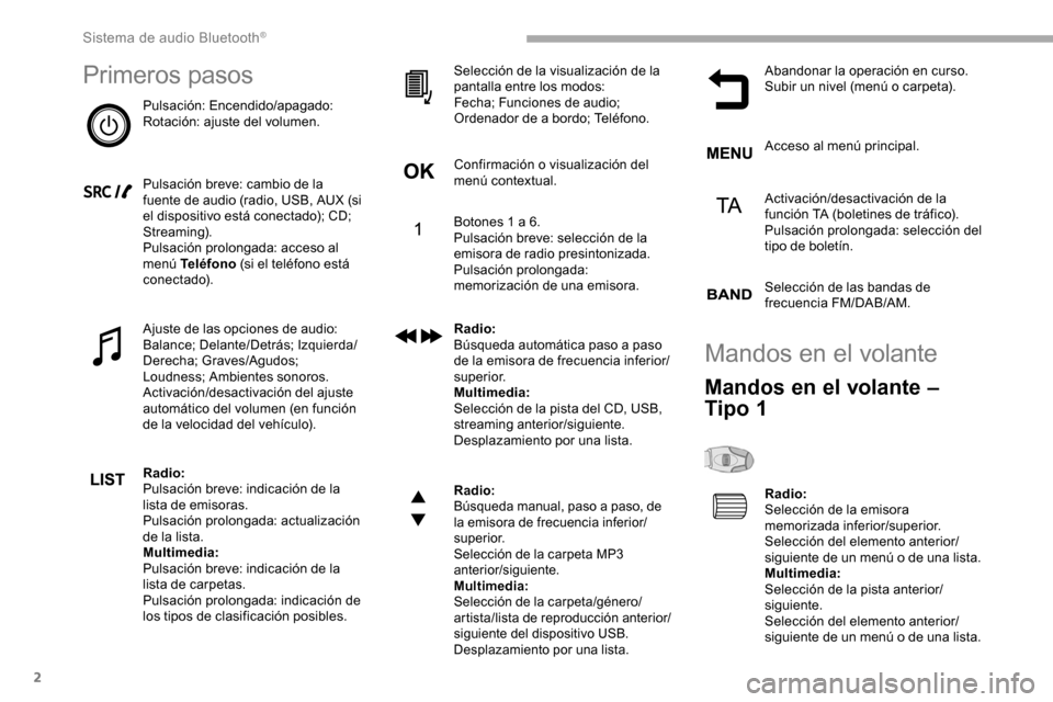 Peugeot Partner 2019  Manual del propietario (in Spanish) 2
Primeros pasos
Pulsación: Encendido/apagado:
Rotación: ajuste del volumen.
Pulsación breve: cambio de la 
fuente de audio (radio, USB, AUX (si 
el dispositivo está conectado); CD; 
Streaming).
P