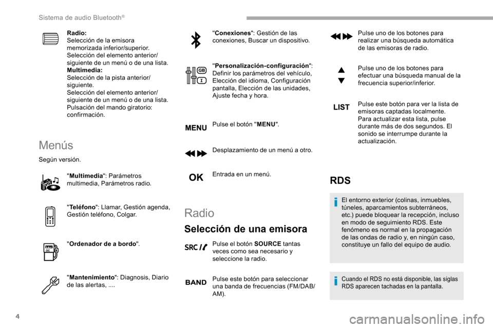 Peugeot Partner 2019  Manual del propietario (in Spanish) 4
Radio:
Selección de la emisora 
memorizada inferior/superior.
Selección del elemento anterior/
siguiente de un menú o de una lista.
Multimedia:
Selección de la pista anterior/
siguiente.
Selecci