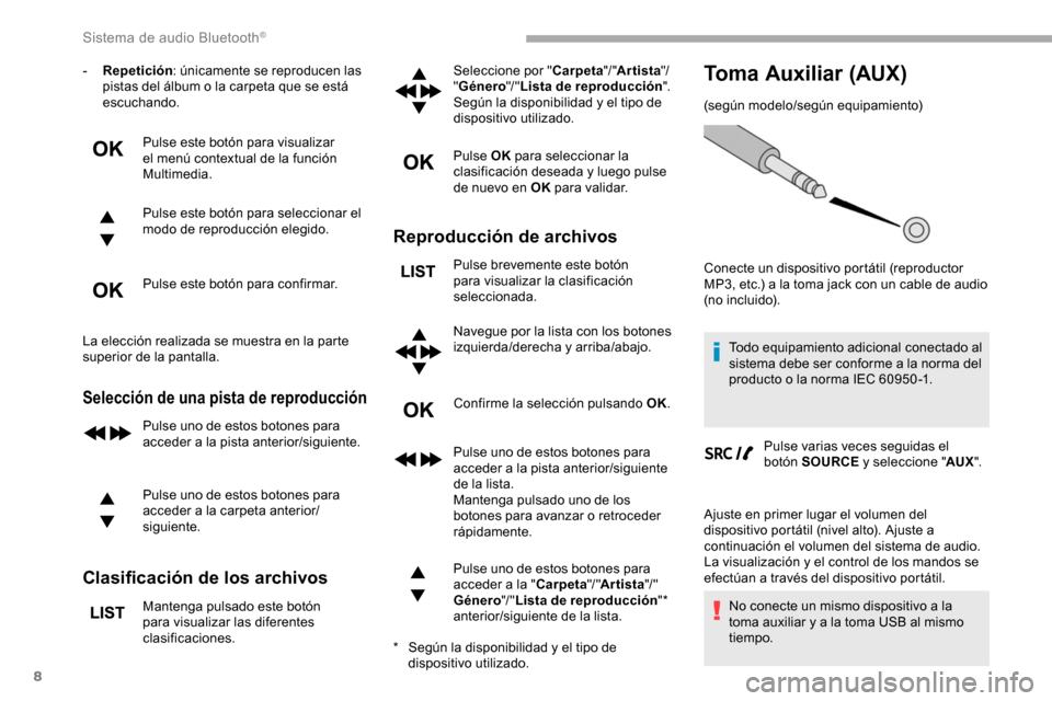 Peugeot Partner 2019  Manual del propietario (in Spanish) 8
- Repetición: únicamente se reproducen las 
pistas del álbum o la carpeta que se está 
escuchando.
Pulse este botón para visualizar 
el menú contextual de la función 
Multimedia.
Pulse este b
