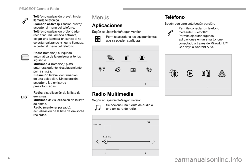 Peugeot Partner 2019 Manual del propietario (in Spanish) 4
Teléfono (pulsación breve): iniciar
llamada telefónica.
Llamada activa (pulsación breve):
acceder al menú del teléfono.
Teléfono (pulsación prolongada):
rechazar una llamada entrante,
Peugeot Partner 2019 Manual del propietario (in Spanish) 4
Teléfono (pulsación breve): iniciar
llamada telefónica.
Llamada activa (pulsación breve):
acceder al menú del teléfono.
Teléfono (pulsación prolongada):
rechazar una llamada entrante,