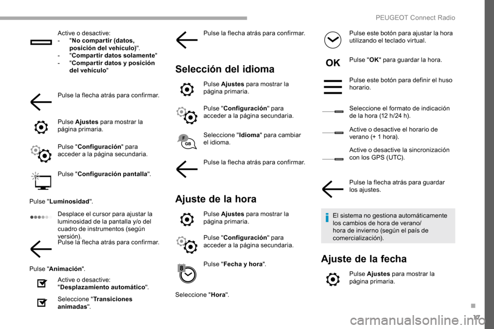 Peugeot Partner 2019 Manual del propietario (in Spanish) 17
Active o desactive:
- "No compar tir (datos,
posición del vehículo) ".
-
"Compartir datos solamente "
-
"Compartir datos y posición
del vehículo "
Pulse la flecha atrás para confirmar.
Peugeot Partner 2019 Manual del propietario (in Spanish) 17
Active o desactive:
- "No compar tir (datos,
posición del vehículo) ".
-
"Compartir datos solamente "
-
"Compartir datos y posición
del vehículo "
Pulse la flecha atrás para confirmar.