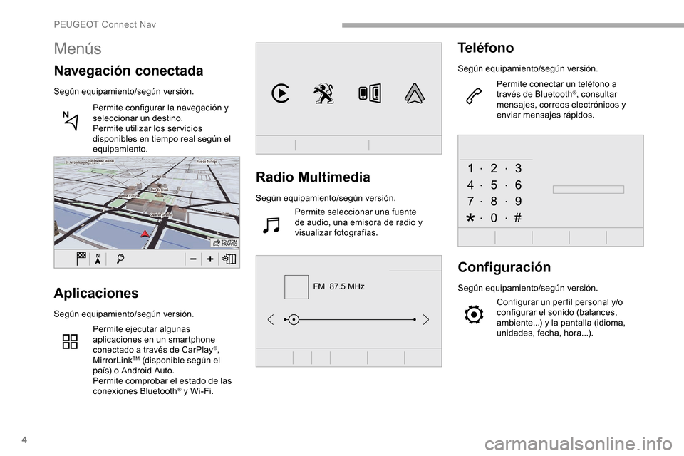 Peugeot Partner 2019 Manual del propietario (in Spanish) 4
FM 87.5 MHz
Radio Multimedia
Según equipamiento/según versión.Permite seleccionar una fuente
de audio, una emisora de radio y
visualizar fotografías.
Teléfono
Según equipamiento/según vers Peugeot Partner 2019 Manual del propietario (in Spanish) 4
FM 87.5 MHz
Radio Multimedia
Según equipamiento/según versión.Permite seleccionar una fuente
de audio, una emisora de radio y
visualizar fotografías.
Teléfono
Según equipamiento/según vers