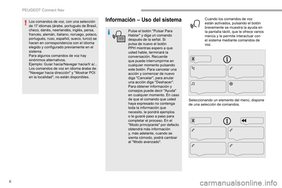 Peugeot Partner 2019 Manual del propietario (in Spanish) 6
Información – Uso del sistema
Pulse el botón "Pulsar Para
Hablar" y diga un comando
después de la señal. Si
pulsa de nuevo el botón
PPH mientras espero a que
usted hable, terminará la
Peugeot Partner 2019 Manual del propietario (in Spanish) 6
Información – Uso del sistema
Pulse el botón "Pulsar Para
Hablar" y diga un comando
después de la señal. Si
pulsa de nuevo el botón
PPH mientras espero a que
usted hable, terminará la