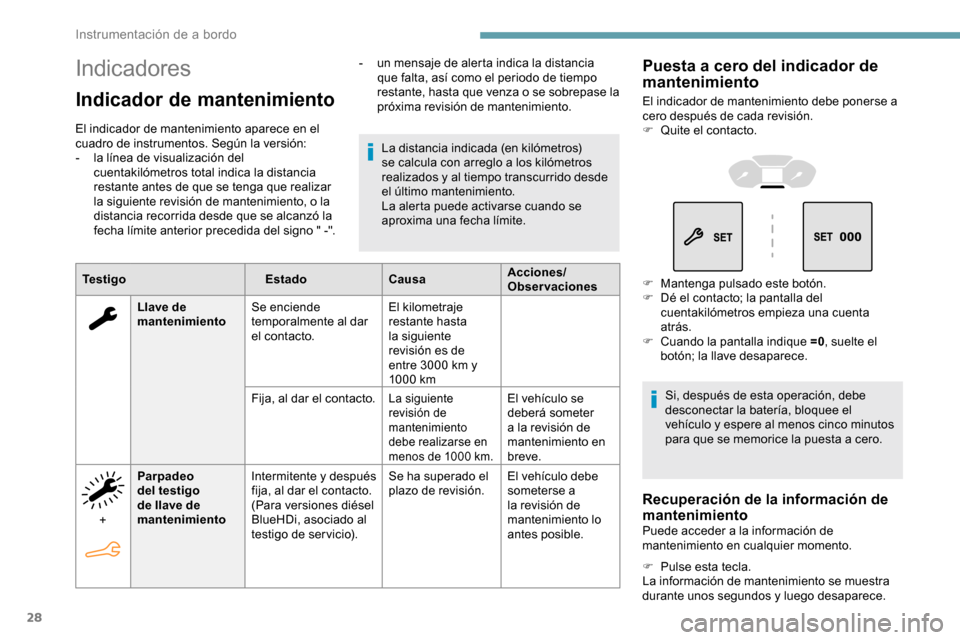 Peugeot Partner 2019  Manual del propietario (in Spanish) 28
Indicadores
Indicador de mantenimiento
El indicador de mantenimiento aparece en el 
cuadro de instrumentos. Según la versión:
- 
l
 a línea de visualización del 
cuentakilómetros total indica 