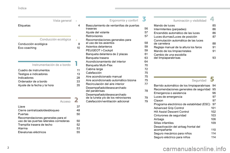 Peugeot Partner 2019  Manual del propietario (in Spanish) 2
.
.
Cuadro de instrumentos 11
Testigos e indicadores 1 3
Indicadores
 2

8
Ordenador de a bordo
 
3
 3
Ajuste de la fecha y la hora
 
3
 5
Llave
 

37
Cierre centralizado/desbloqueo
 4

8
Puertas
 
