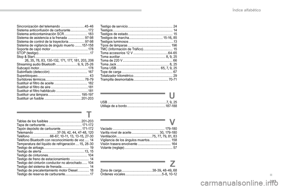 Peugeot Partner 2019 Manual del propietario (in Spanish) 223
Sincronización del telemando ...........................45 -46
Sistema anticonfusión de carburante ....................172
Sistema anticontaminación SCR
..........................183
Sistem Peugeot Partner 2019 Manual del propietario (in Spanish) 223
Sincronización del telemando ...........................45 -46
Sistema anticonfusión de carburante ....................172
Sistema anticontaminación SCR
..........................183
Sistem