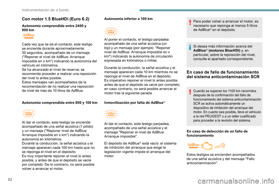 Peugeot Partner 2019  Manual del propietario (in Spanish) 32
Con motor 1.5 BlueHDi (Euro 6.2)
Autonomía comprendida entre 2400 y 
800  km
Autonomía comprendida entre 800 y 100
  kmAutonomía inferior a 100
  km 
Durante la conducción, la señal acústica 