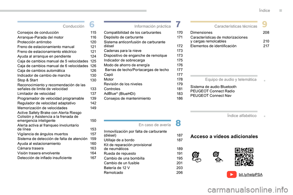 Peugeot Partner 2019  Manual del propietario (in Spanish) 3
bit.ly/helpPSA
.
.
Consejos de conducción 115
Arranque-Parada del motor  1 16
Protección antirrobo
 1

20
Freno de estacionamiento manual
 1

21
Freno de estacionamiento eléctrico
 
1
 21
Ayuda a