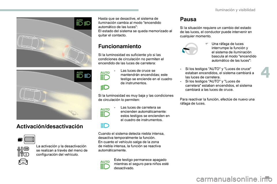 Peugeot Partner 2019 Manual del propietario (in Spanish) 89
Activación/desactivación
La activación y la desactivación
se realizan a través del menú de
configuración del vehículo.Hasta que se desactive, el sistema de
iluminación cambia al modo "e Peugeot Partner 2019 Manual del propietario (in Spanish) 89
Activación/desactivación
La activación y la desactivación
se realizan a través del menú de
configuración del vehículo.Hasta que se desactive, el sistema de
iluminación cambia al modo "e