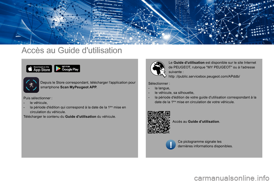 Peugeot Partner 2019 Manuel du propriétaire (in French) Accès au Guide dutilisation
Depuis le Store correspondant, télécharger lapplication pour
smartphone Scan MyPeugeot APP.
Accès au Guide dutilisation.
Le Guide dutilisation
est disponible sur Peugeot Partner 2019 Manuel du propriétaire (in French) Accès au Guide dutilisation
Depuis le Store correspondant, télécharger lapplication pour
smartphone Scan MyPeugeot APP.
Accès au Guide dutilisation.
Le Guide dutilisation
est disponible sur