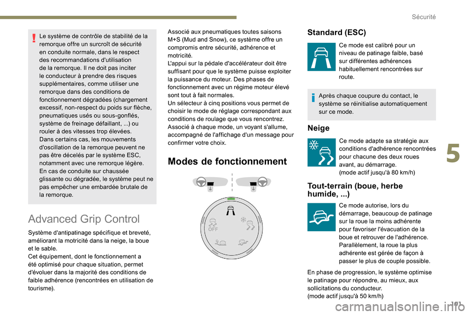 Peugeot Partner 2019 Manuel du propriétaire (in French) 101
Le système de contrôle de stabilité de la
remorque offre un surcroît de sécurité
en conduite normale, dans le respect
des recommandations dutilisation
de la remorque. Il ne doit pas inc Peugeot Partner 2019 Manuel du propriétaire (in French) 101
Le système de contrôle de stabilité de la
remorque offre un surcroît de sécurité
en conduite normale, dans le respect
des recommandations dutilisation
de la remorque. Il ne doit pas inc