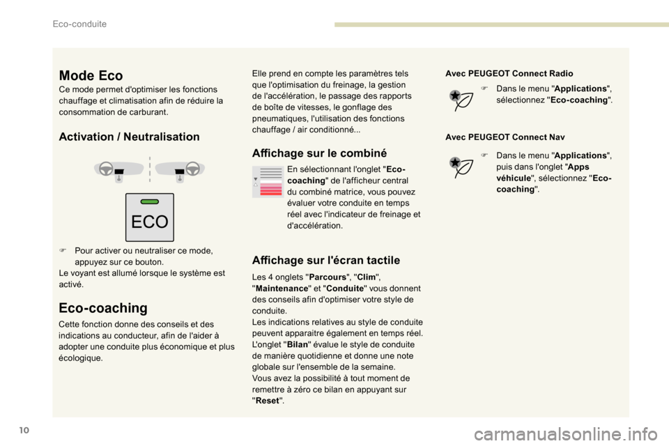 Peugeot Partner 2019 Manuel du propriétaire (in French) 10
Activation / Neutralisation
F Pour activer ou neutraliser ce mode,
appuyez sur ce bouton.
Le voyant est allumé lorsque le système est
activé.
Eco-coaching
Cette fonction donne des conseils et Peugeot Partner 2019 Manuel du propriétaire (in French) 10
Activation / Neutralisation
F Pour activer ou neutraliser ce mode,
appuyez sur ce bouton.
Le voyant est allumé lorsque le système est
activé.
Eco-coaching
Cette fonction donne des conseils et