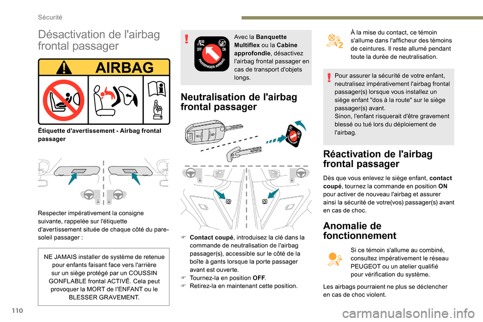 Peugeot Partner 2019 Manuel du propriétaire (in French) 110
Respecter impérativement la consigne
suivante, rappelée sur létiquette
davertissement située de chaque côté du pare-
soleil passager :
Neutralisation de lairbag
frontal passager
F Con Peugeot Partner 2019 Manuel du propriétaire (in French) 110
Respecter impérativement la consigne
suivante, rappelée sur létiquette
davertissement située de chaque côté du pare-
soleil passager :
Neutralisation de lairbag
frontal passager
F Con