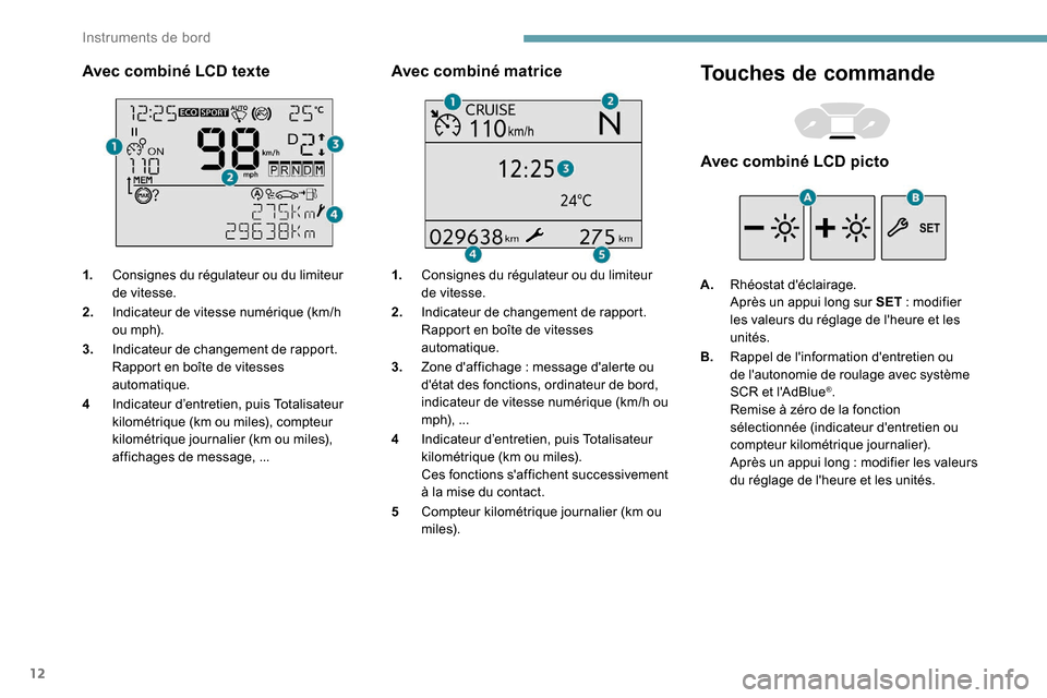 Peugeot Partner 2019 Manuel du propriétaire (in French) 12
Avec combiné LCD texte
1.Consignes du régulateur ou du limiteur
de vitesse.
2. Indicateur de vitesse numérique (km/h
o u m p h).
3. Indicateur de changement de rapport.
Rapport en boîte de vi Peugeot Partner 2019 Manuel du propriétaire (in French) 12
Avec combiné LCD texte
1.Consignes du régulateur ou du limiteur
de vitesse.
2. Indicateur de vitesse numérique (km/h
o u m p h).
3. Indicateur de changement de rapport.
Rapport en boîte de vi
