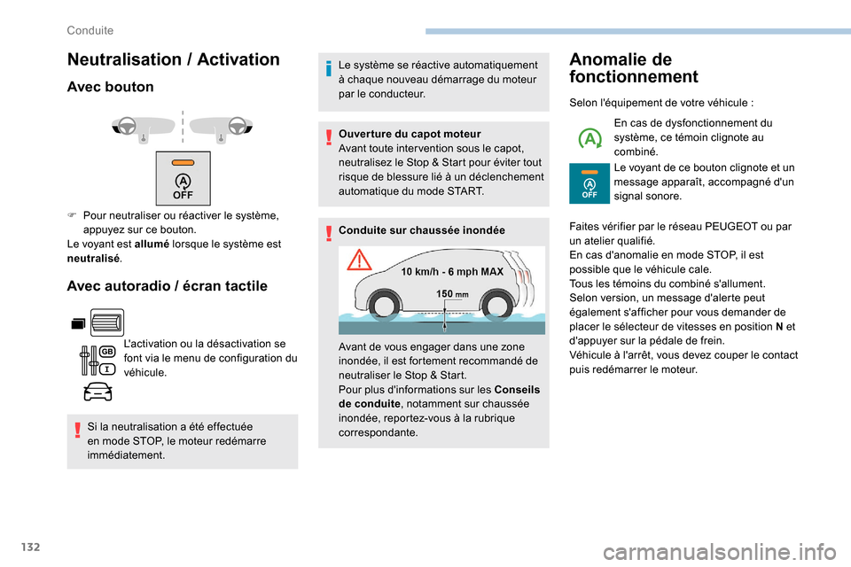 Peugeot Partner 2019  Manuel du propriétaire (in French) 132
Neutralisation / Activation
Avec bouton
Avec autoradio   / écran tactile
Lactivation ou la désactivation se 
font via le menu de configuration du 
véhicule.
Si la neutralisation a été effect