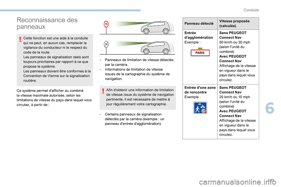 Peugeot Partner 2019  Manuel du propriétaire (in French) 133
Reconnaissance des 
panneaux
Cette fonction est une aide à la conduite 
qui ne peut, en aucun cas, remplacer la 
vigilance du conducteur ni le respect du 
code de la route.
Les panneaux de signal