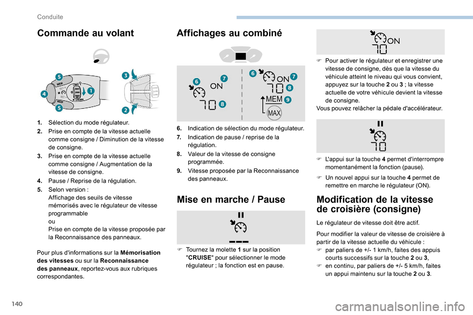 Peugeot Partner 2019 Manuel du propriétaire (in French) 140
Commande au volant
Pour plus dinformations sur la Mémorisation
des vitesses ou sur la Reconnaissance
des panneaux , reportez-vous aux rubriques
correspondantes. 1.
Sélection du mode régulat Peugeot Partner 2019 Manuel du propriétaire (in French) 140
Commande au volant
Pour plus dinformations sur la Mémorisation
des vitesses ou sur la Reconnaissance
des panneaux , reportez-vous aux rubriques
correspondantes. 1.
Sélection du mode régulat