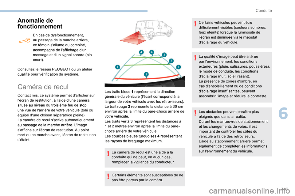 Peugeot Partner 2019 Manuel du propriétaire (in French) 163
Anomalie de
fonctionnement
En cas de dysfonctionnement,
au passage de la marche arrière,
ce témoin sallume au combiné,
accompagné de laffichage dun
message et dun signal sonore (bip
Peugeot Partner 2019 Manuel du propriétaire (in French) 163
Anomalie de
fonctionnement
En cas de dysfonctionnement,
au passage de la marche arrière,
ce témoin sallume au combiné,
accompagné de laffichage dun
message et dun signal sonore (bip