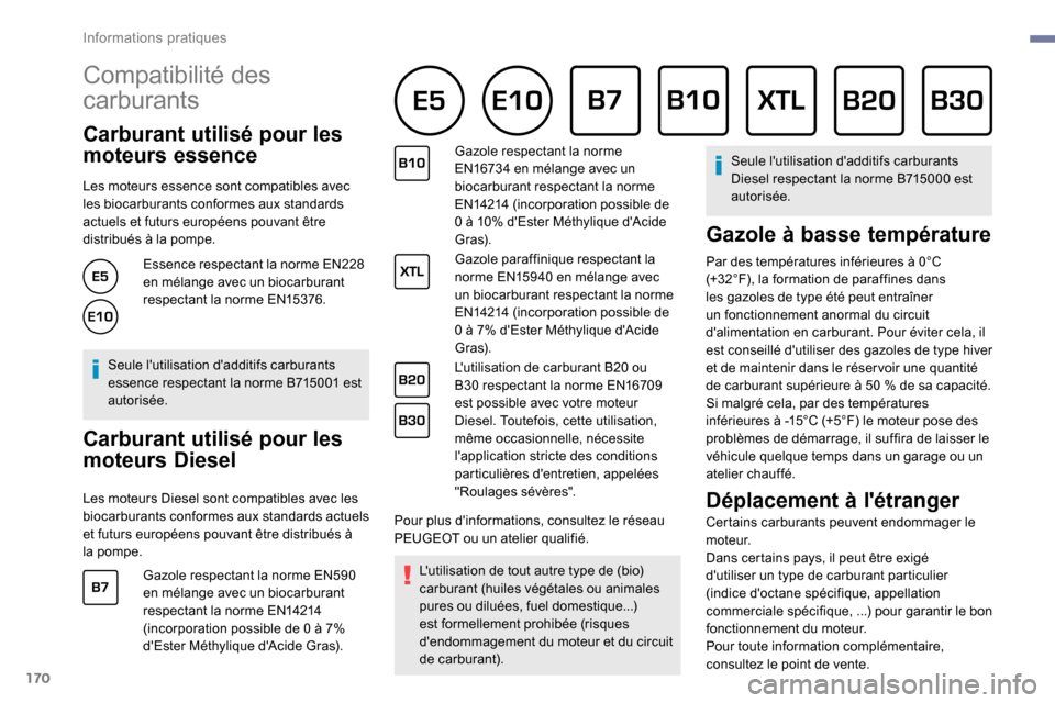 Peugeot Partner 2019 Manuel du propriétaire (in French) 170
Compatibilité des
carburants
Carburant utilisé pour les
moteurs essence
Les moteurs essence sont compatibles avec
les biocarburants conformes aux standards
actuels et futurs européens Peugeot Partner 2019 Manuel du propriétaire (in French) 170
Compatibilité des
carburants
Carburant utilisé pour les
moteurs essence
Les moteurs essence sont compatibles avec
les biocarburants conformes aux standards
actuels et futurs européens