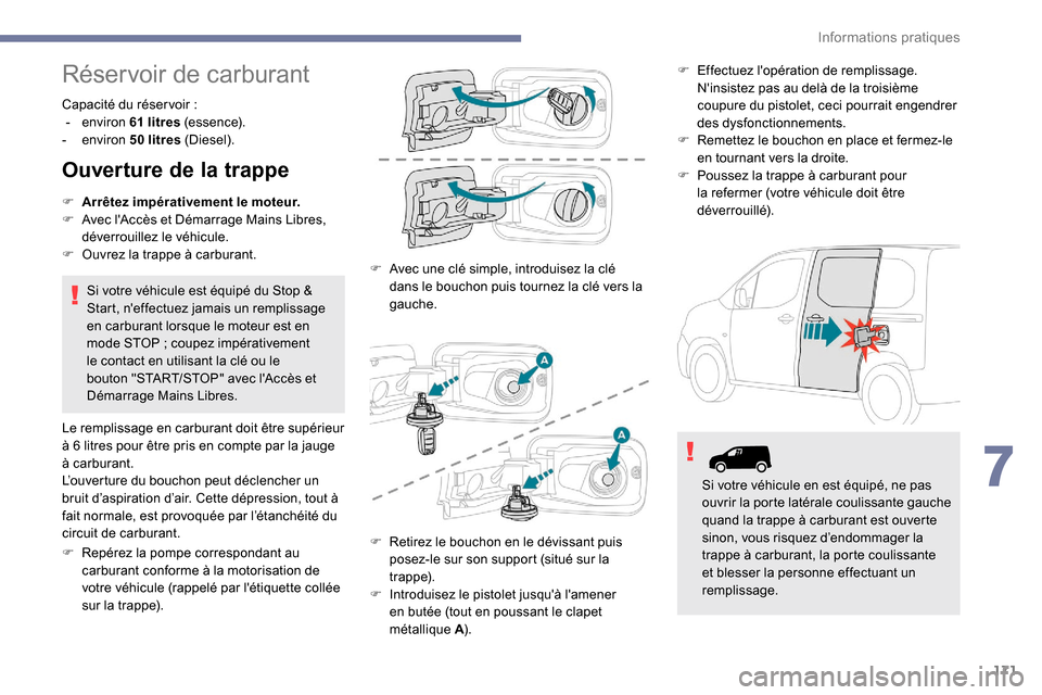 Peugeot Partner 2019 Manuel du propriétaire (in French) 171
Réservoir de carburant
Capacité du réservoir :
- e nviron 61 litres (essence).
-
environ 50
litres (Diesel).
Ouverture de la trappe
F Arrêtez impérativement le moteur.
F A vec lAc Peugeot Partner 2019 Manuel du propriétaire (in French) 171
Réservoir de carburant
Capacité du réservoir :
- e nviron 61 litres (essence).
-
environ 50
litres (Diesel).
Ouverture de la trappe
F Arrêtez impérativement le moteur.
F A vec lAc