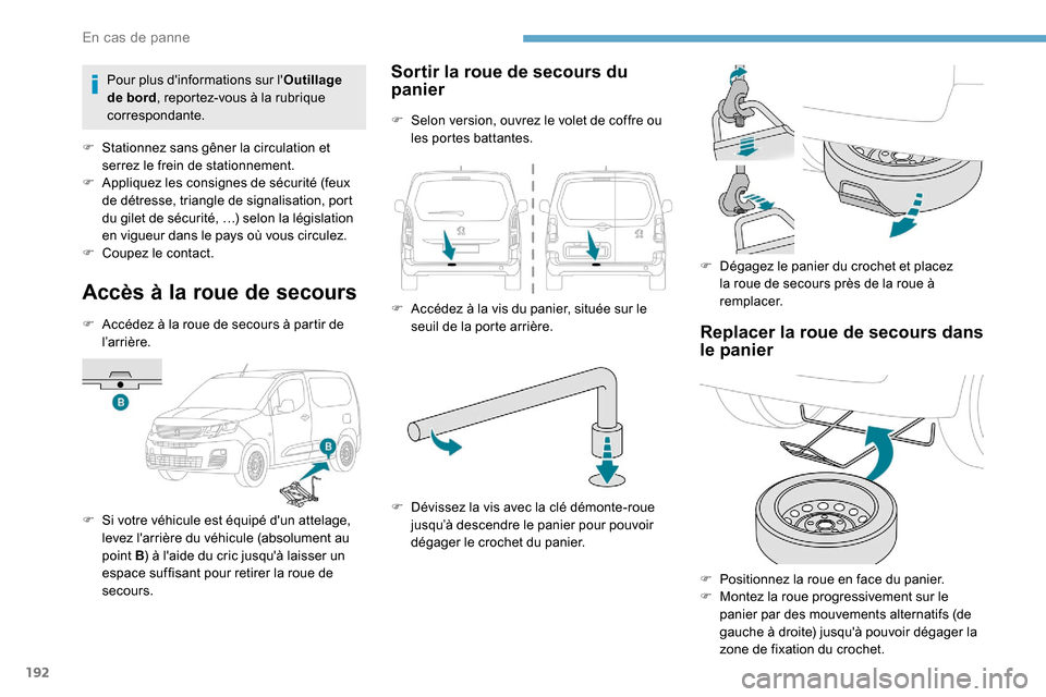 Peugeot Partner 2019 Manuel du propriétaire (in French) 192
Accès à la roue de secours
F Accédez à la roue de secours à partir de l ’ar r i ère.
F
S
i votre véhicule est équipé dun attelage,
levez larrière du véhicule (absolument au
po Peugeot Partner 2019 Manuel du propriétaire (in French) 192
Accès à la roue de secours
F Accédez à la roue de secours à partir de l ’ar r i ère.
F
S
i votre véhicule est équipé dun attelage,
levez larrière du véhicule (absolument au
po