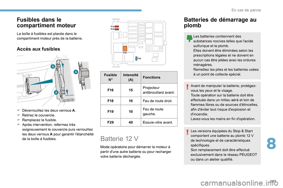 Peugeot Partner 2019 Manuel du propriétaire (in French) 203
Fusibles dans le
compartiment moteur
La boîte à fusibles est placée dans le
compartiment moteur près de la batterie.
Accès aux fusibles
F Déverrouillez les deux verrous A.
F R etirez le c Peugeot Partner 2019 Manuel du propriétaire (in French) 203
Fusibles dans le
compartiment moteur
La boîte à fusibles est placée dans le
compartiment moteur près de la batterie.
Accès aux fusibles
F Déverrouillez les deux verrous A.
F R etirez le c