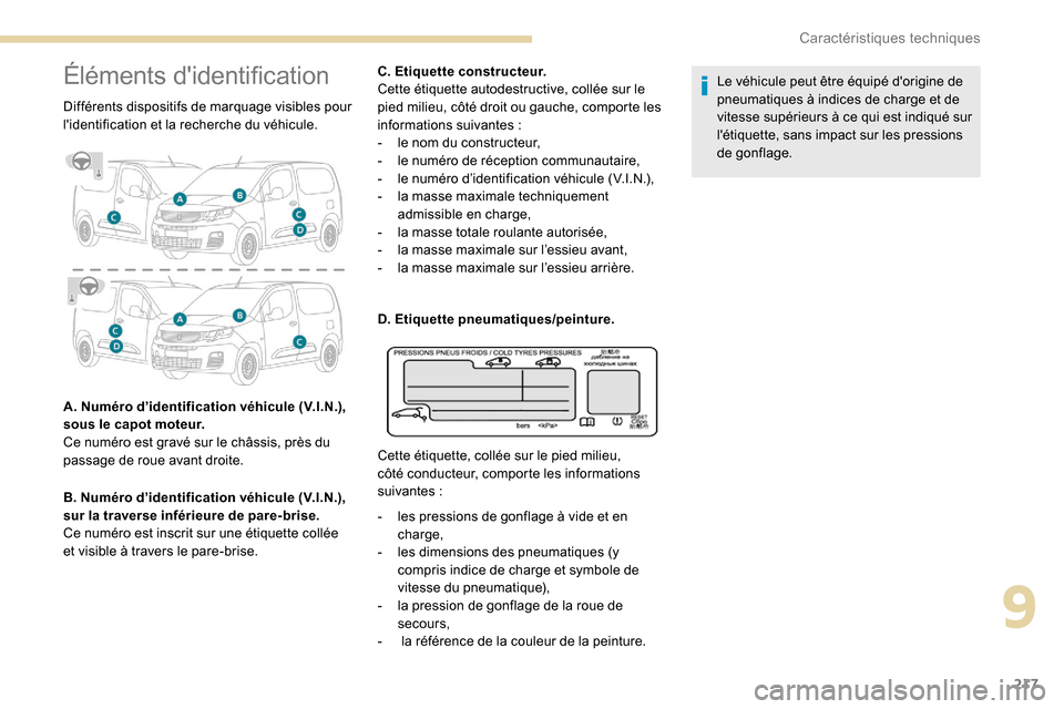 Peugeot Partner 2019 Manuel du propriétaire (in French) 217
Éléments didentification
Différents dispositifs de marquage visibles pour
lidentification et la recherche du véhicule.
A. Numéro d’identification véhicule (V.I.N.),
sous le capot moteu Peugeot Partner 2019 Manuel du propriétaire (in French) 217
Éléments didentification
Différents dispositifs de marquage visibles pour
lidentification et la recherche du véhicule.
A. Numéro d’identification véhicule (V.I.N.),
sous le capot moteu