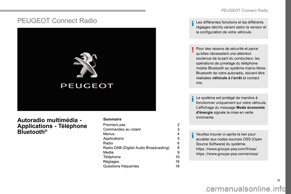 Peugeot Partner 2019  Manuel du propriétaire (in French) 1
PEUGEOT Connect Radio
Autoradio multimédia - 
Applications - Téléphone 
Bluetooth
®
Sommaire
Premiers pas  
2
C

ommandes au volant   
3
M

enus   
4
A

pplications   
5
R

adio   
6
R

adio DAB