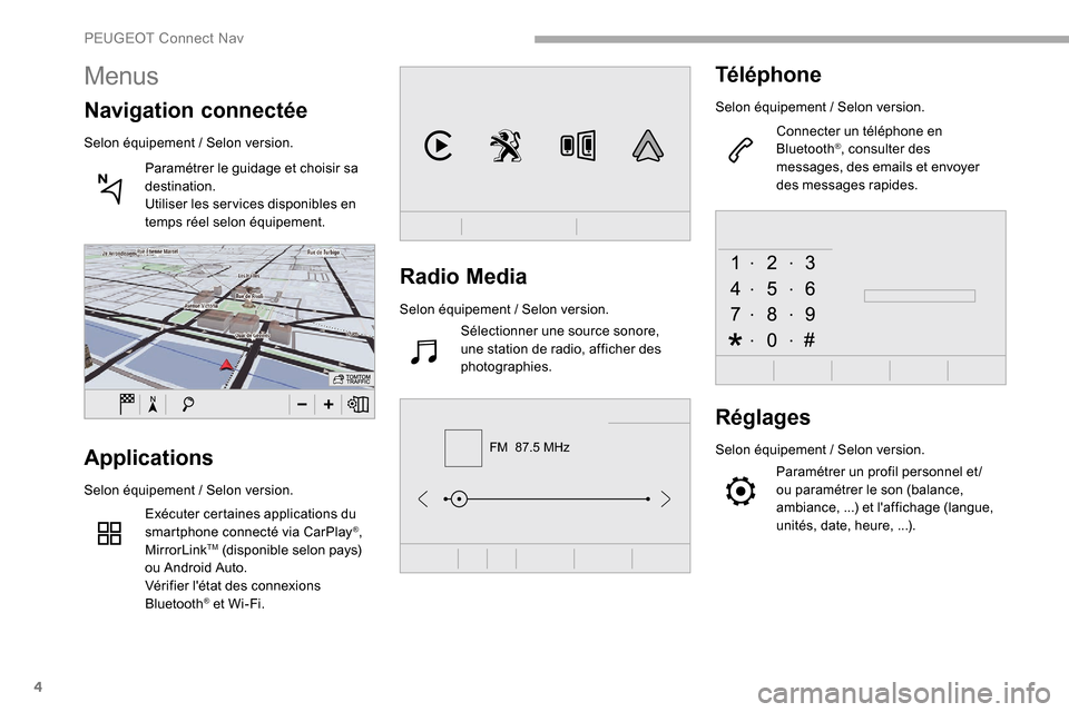 Peugeot Partner 2019  Manuel du propriétaire (in French) 4
FM  87.5 MHz
Radio Media
Selon équipement / Selon version.
Sélectionner une source sonore, 
une station de radio, afficher des 
photographies.
Téléphone
Selon équipement  / Selon version.
Conne