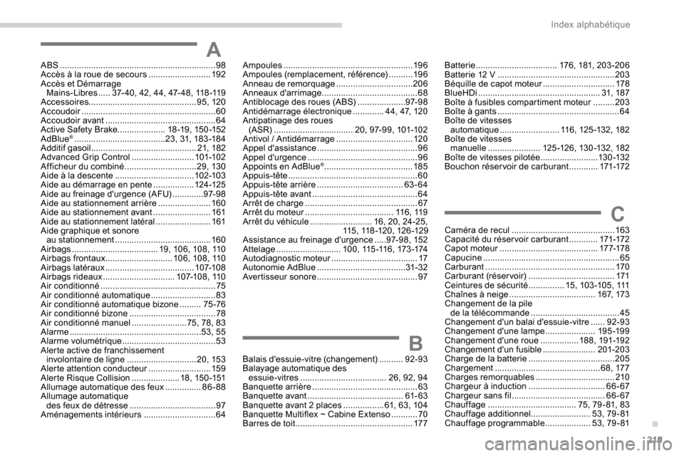 Peugeot Partner 2019 Manuel du propriétaire (in French) 219
ABS .................................................................98
Accès à la roue de secours ..........................192
Accès et Démarrage Mains-Libres
.....37- 40, 42, 44, 47- Peugeot Partner 2019 Manuel du propriétaire (in French) 219
ABS .................................................................98
Accès à la roue de secours ..........................192
Accès et Démarrage Mains-Libres
.....37- 40, 42, 44, 47-