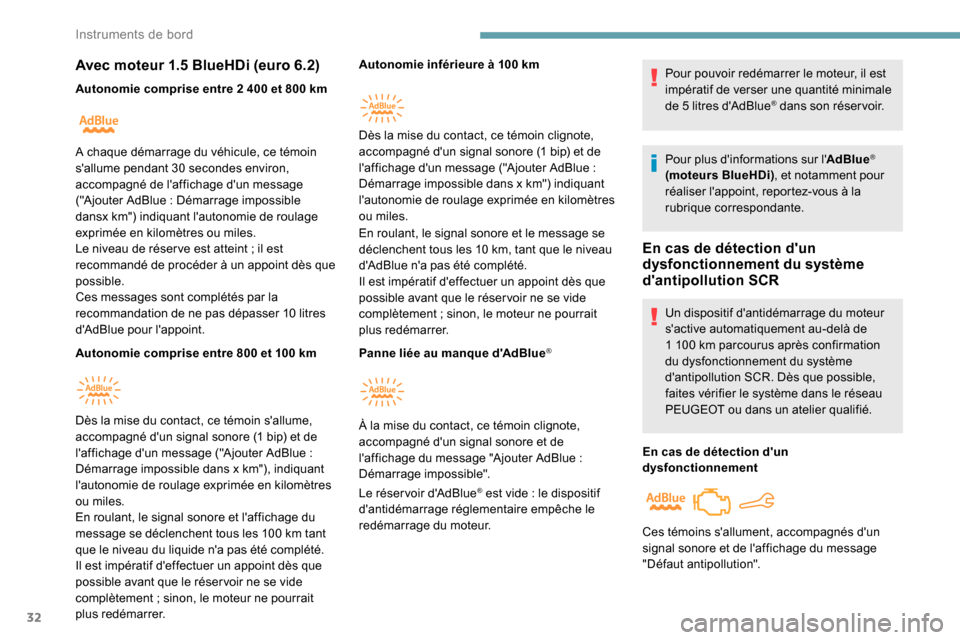 Peugeot Partner 2019 Manuel du propriétaire (in French) 32
Avec moteur 1.5 BlueHDi (euro 6.2)
Autonomie comprise entre 2 400 et 800 km
A utonomie comprise entre 800 et 100
kmAutonomie inférieure à 100
km
En roulant, le signal sonore et le message s Peugeot Partner 2019 Manuel du propriétaire (in French) 32
Avec moteur 1.5 BlueHDi (euro 6.2)
Autonomie comprise entre 2 400 et 800 km
A utonomie comprise entre 800 et 100
kmAutonomie inférieure à 100
km
En roulant, le signal sonore et le message s
