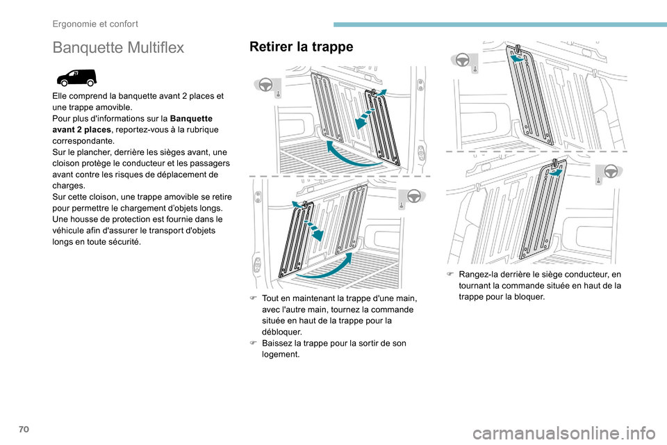 Peugeot Partner 2019  Manuel du propriétaire (in French) 70
Banquette MultiflexRetirer la trappe
F Tout en maintenant la trappe dune main, avec lautre main, tournez la commande 
située en haut de la trappe pour la 
débloquer.
F
 
B
 aissez la trappe pou