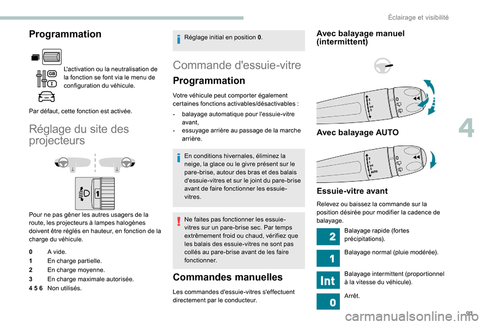 Peugeot Partner 2019 Manuel du propriétaire (in French) 91
Programmation
Lactivation ou la neutralisation de
la fonction se font via le menu de
configuration du véhicule.
Par défaut, cette fonction est activée.
Réglage du site des
projecteurs
Pour Peugeot Partner 2019 Manuel du propriétaire (in French) 91
Programmation
Lactivation ou la neutralisation de
la fonction se font via le menu de
configuration du véhicule.
Par défaut, cette fonction est activée.
Réglage du site des
projecteurs
Pour