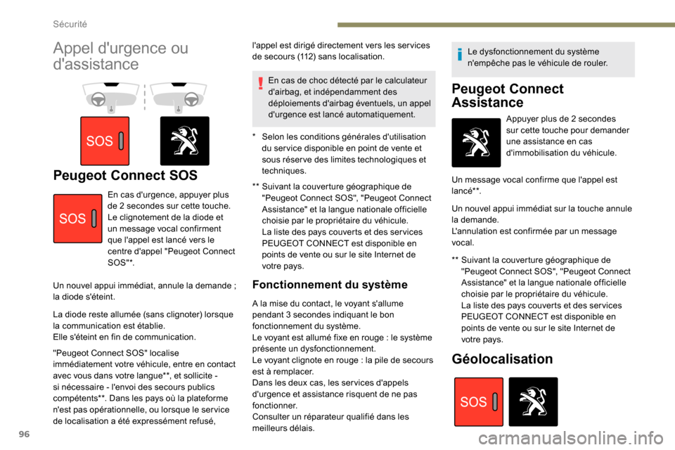 Peugeot Partner 2019  Manuel du propriétaire (in French) 96
Appel durgence ou 
dassistance
Peugeot Connect SOS** Suivant la couverture géographique de "Peugeot Connect SOS", "Peugeot Connect 
Assistance" et la langue nationale officielle 
choisie par le 