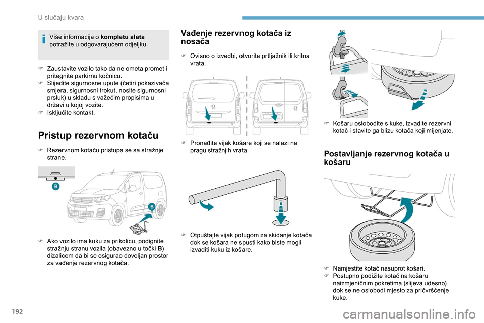 Peugeot Partner 2019  Vodič za korisnike (in Croatian) 192
Pristup rezervnom kotaču
F Rezer vnom kotaču pristupa se sa stražnje strane.
F
 
A
 ko vozilo ima kuku za prikolicu, podignite 
stražnju stranu vozila (obavezno u točki B ) 
dizalicom da bi s