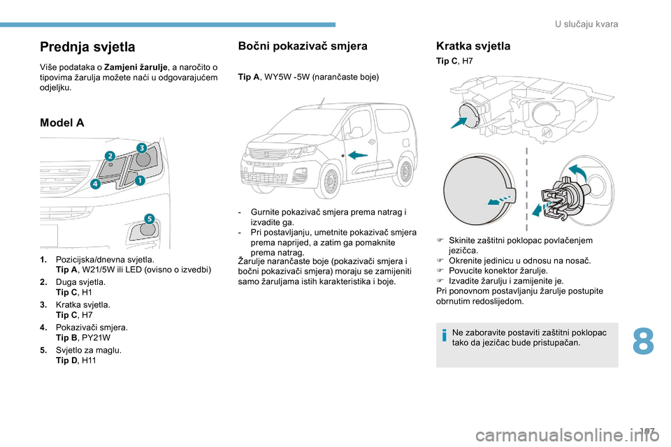 Peugeot Partner 2019  Vodič za korisnike (in Croatian) 197
Prednja svjetla
Više podataka o Zamjeni žarulje, a naročito o 
tipovima žarulja možete naći u odgovarajućem 
odjeljku.
Model A Bočni pokazivač smjera
Tip A
, W Y5W -5W (narančaste boje)

