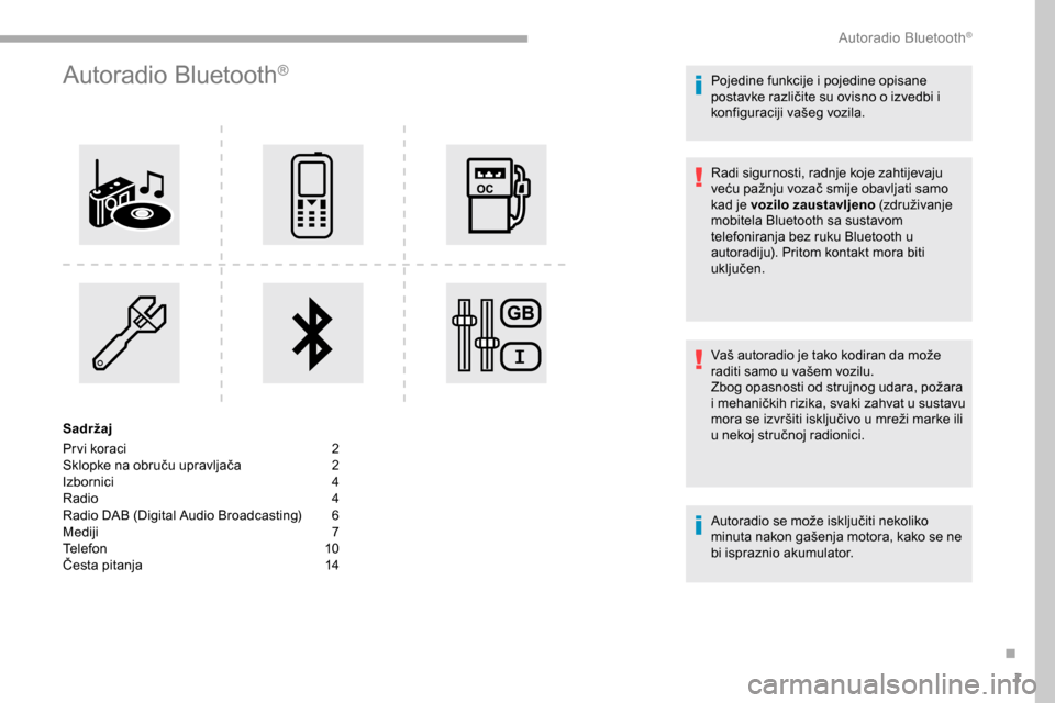 Peugeot Partner 2019  Vodič za korisnike (in Croatian) 1
Autoradio Bluetooth®
Sadržaj
Pr vi koraci 
2
S

klopke na obruču upravljača  
2
I

zbornici
 4
R

adio  
4
R

adio DAB (Digital Audio Broadcasting)  
6
M

ediji  
7
T

elefon
 1
 0
Česta pitanj