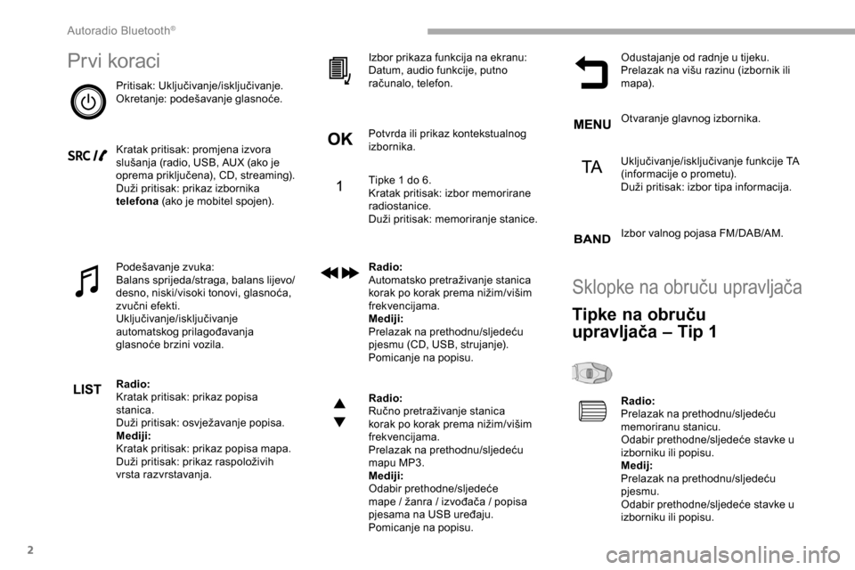 Peugeot Partner 2019  Vodič za korisnike (in Croatian) 2
Prvi koraci
Pritisak: Uključivanje/isključivanje.
Okretanje: podešavanje glasnoće.
Kratak pritisak: promjena izvora 
slušanja (radio, USB, AUX (ako je 
oprema priključena), CD, streaming).
Du�