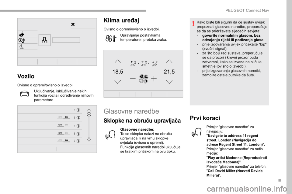 Peugeot Partner 2019  Vodič za korisnike (in Croatian) 5
21,518,5Vozilo
Ovisno o opremi/ovisno o izvedbi.Uključivanje, isključivanje nekih 
funkcija vozila i određivanje njihovih 
parametara.
Klima uređaj
Ovisno o opremi/ovisno o izvedbi.Upravljanje p