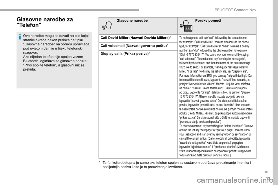 Peugeot Partner 2019  Vodič za korisnike (in Croatian) 11
Glasovne naredbe za 
"Telefon"
Ove naredbe mogu se davati na bilo kojoj 
stranici ekrana nakon pritiska na tipku 
"Glasovne naredbe" na obruču upravljača, 
pod uvjetom da nije u tijeku telefonski