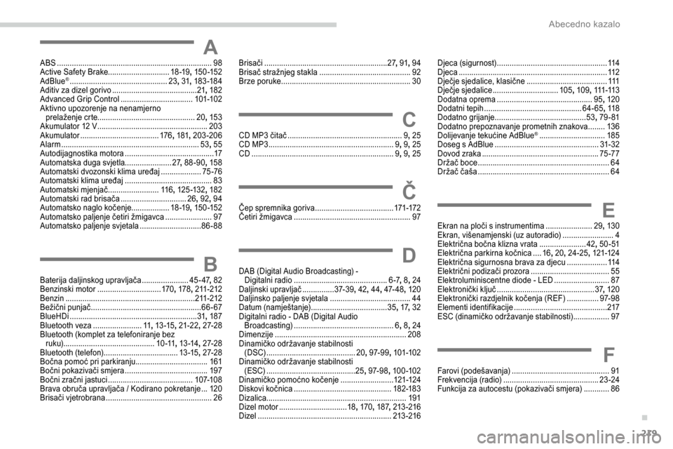 Peugeot Partner 2019  Vodič za korisnike (in Croatian) 219
AABS .........................................................................98
Active Safety Brake .............................18 -19, 15 0 -152
AdBlue
® ......................................