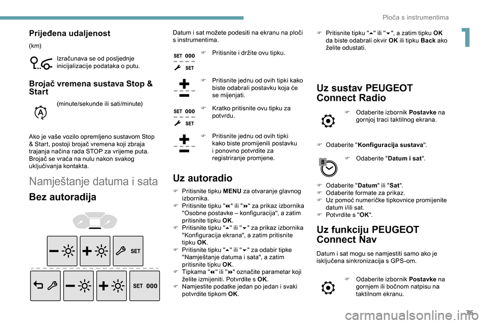 Peugeot Partner 2019  Vodič za korisnike (in Croatian) 35
Prijeđena udaljenost
(k m)Izračunava se od posljednje 
inicijalizacije podataka o putu.
Brojač vremena sustava Stop & 
Start
(minute/sekunde ili sati/minute)
Ako je vaše vozilo opremljeno susta