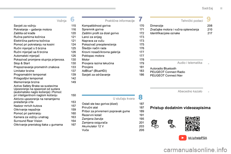 Peugeot Partner 2019  Vodič za korisnike (in Croatian) 3
bit.ly/helpPSA
.
.
Savjeti za vožnju 115
Pokretanje – gašenje motora  1 16
Zaštita od krađe
 
1
 20
Ručna parkirna kočnica
 
1
 21
Električna parkirna kočnica
 
1
 21
Pomoć pri pokretanju
