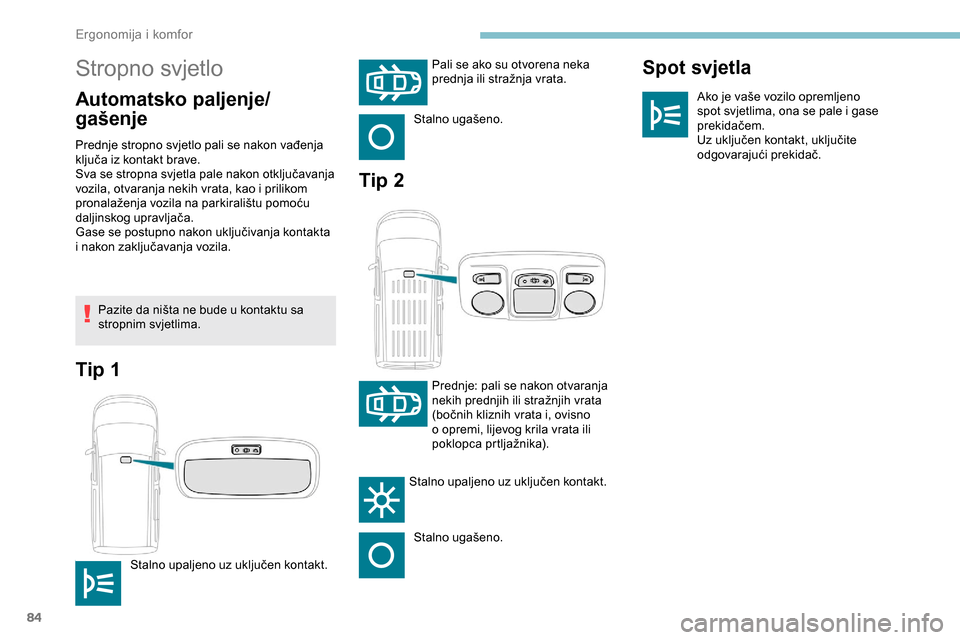 Peugeot Partner 2019  Vodič za korisnike (in Croatian) 84
Stropno svjetlo
Automatsko paljenje/
gašenjeSpot svjetlaAko je vaše vozilo opremljeno 
spot svjetlima, ona se pale i gase 
prekidačem.
Uz uključen kontakt, uključite 
odgovarajući prekidač.
