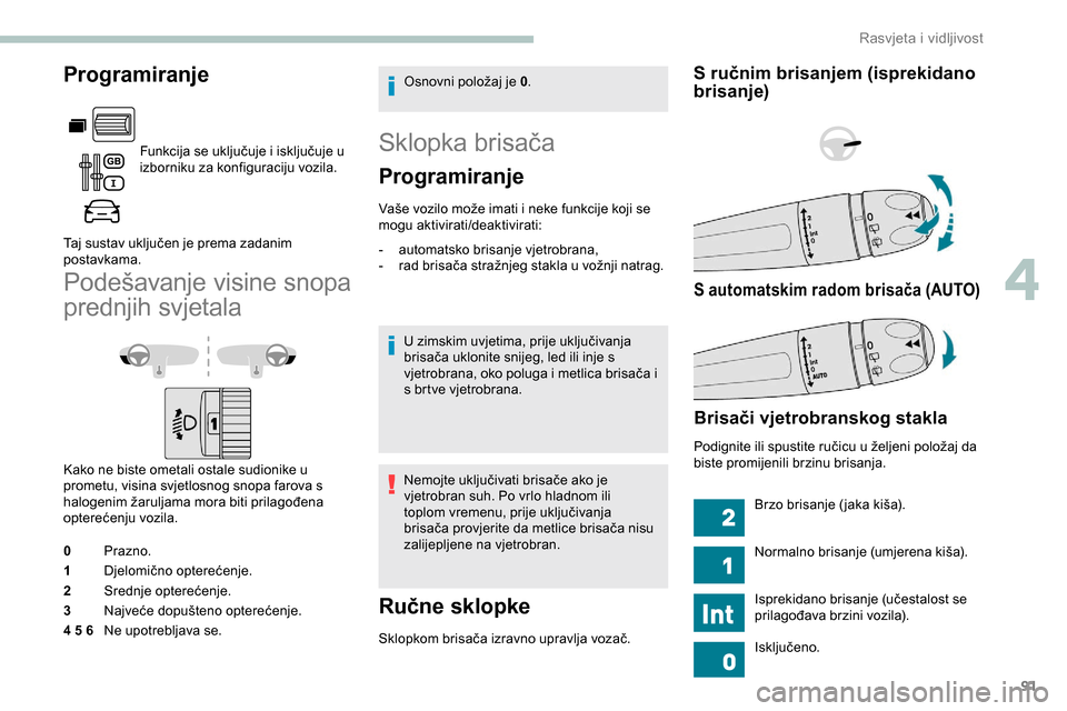 Peugeot Partner 2019 Vodič za korisnike (in Croatian) 91
Programiranje
Funkcija se uključuje i isključuje u
izborniku za konfiguraciju vozila.
Taj sustav uključen je prema zadanim
postavkama.
Podešavanje visine snopa
prednjih svjetala
Kako ne bist Peugeot Partner 2019 Vodič za korisnike (in Croatian) 91
Programiranje
Funkcija se uključuje i isključuje u
izborniku za konfiguraciju vozila.
Taj sustav uključen je prema zadanim
postavkama.
Podešavanje visine snopa
prednjih svjetala
Kako ne bist