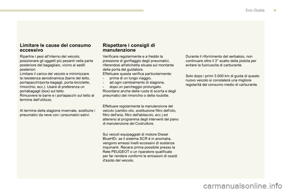 Peugeot Partner 2019 Manuale del proprietario (in Italian) 9
Limitare le cause del consumo
eccessivo
Ripartire i pesi allinterno del veicolo;
posizionare gli oggetti più pesanti nella parte
posteriore del bagagliaio, vicino ai sedili
posteriori.
Limitar Peugeot Partner 2019 Manuale del proprietario (in Italian) 9
Limitare le cause del consumo
eccessivo
Ripartire i pesi allinterno del veicolo;
posizionare gli oggetti più pesanti nella parte
posteriore del bagagliaio, vicino ai sedili
posteriori.
Limitar