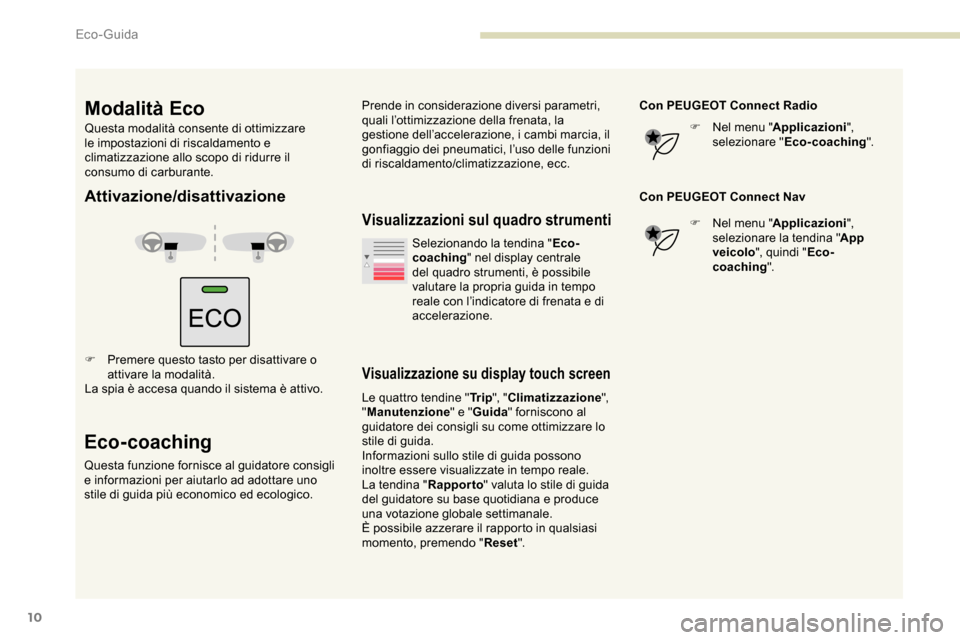 Peugeot Partner 2019 Manuale del proprietario (in Italian) 10
Attivazione/disattivazione
F Premere questo tasto per disattivare o attivare la modalità.
La spia è accesa quando il sistema è attivo.
Eco-coaching
Questa funzione fornisce al guidatore consigli Peugeot Partner 2019 Manuale del proprietario (in Italian) 10
Attivazione/disattivazione
F Premere questo tasto per disattivare o attivare la modalità.
La spia è accesa quando il sistema è attivo.
Eco-coaching
Questa funzione fornisce al guidatore consigli
