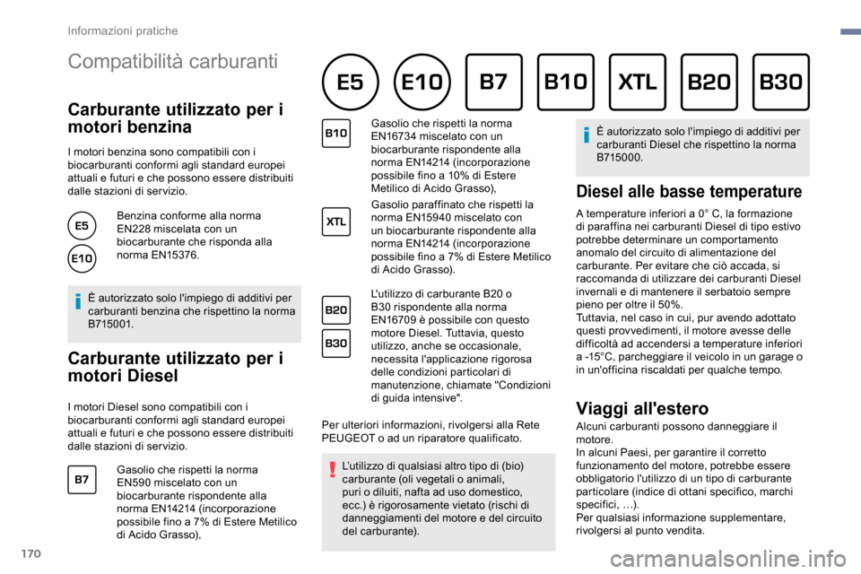 Peugeot Partner 2019  Manuale del proprietario (in Italian) 170
Compatibilità carburanti 
Carburante utilizzato per i 
motori benzina
I motori benzina sono compatibili con i 
biocarburanti conformi agli standard europei 
attuali e futuri e che possono essere 