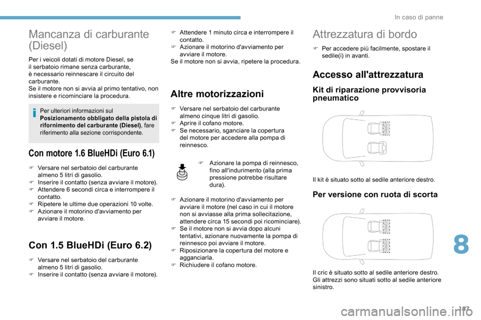 Peugeot Partner 2019  Manuale del proprietario (in Italian) 187
Mancanza di carburante 
(Diesel)
Per i veicoli dotati di motore Diesel, se 
il serbatoio rimane senza carburante, 
è necessario reinnescare il circuito del 
carburante.
Se il motore non si avvia 