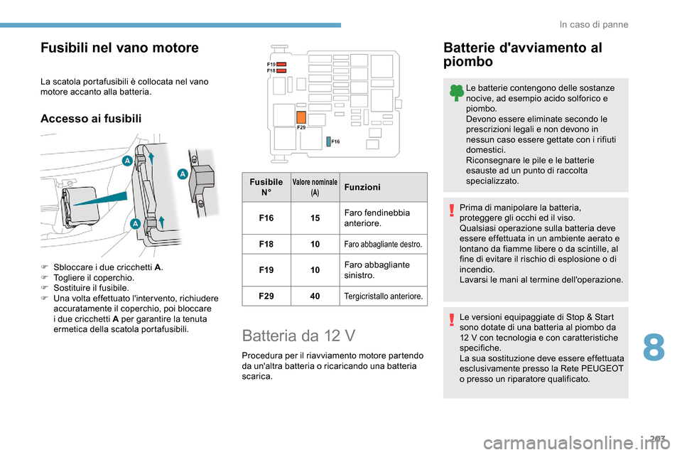 Peugeot Partner 2019 Manuale del proprietario (in Italian) 203
Fusibili nel vano motore
La scatola portafusibili è collocata nel vano
motore accanto alla batteria.
Accesso ai fusibili
F Sbloccare i due cricchetti A.
F T ogliere il coperchio.
F
S
ostitui Peugeot Partner 2019 Manuale del proprietario (in Italian) 203
Fusibili nel vano motore
La scatola portafusibili è collocata nel vano
motore accanto alla batteria.
Accesso ai fusibili
F Sbloccare i due cricchetti A.
F T ogliere il coperchio.
F
S
ostitui
